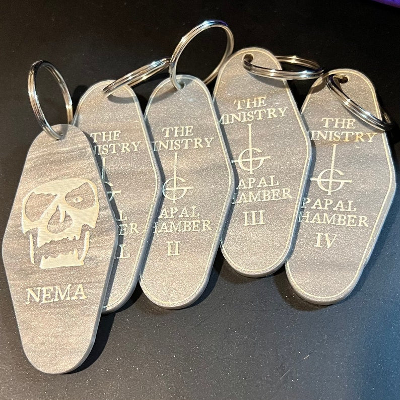 Papa Emeritus, Ghost band inspired, vintage hotel motel keychain