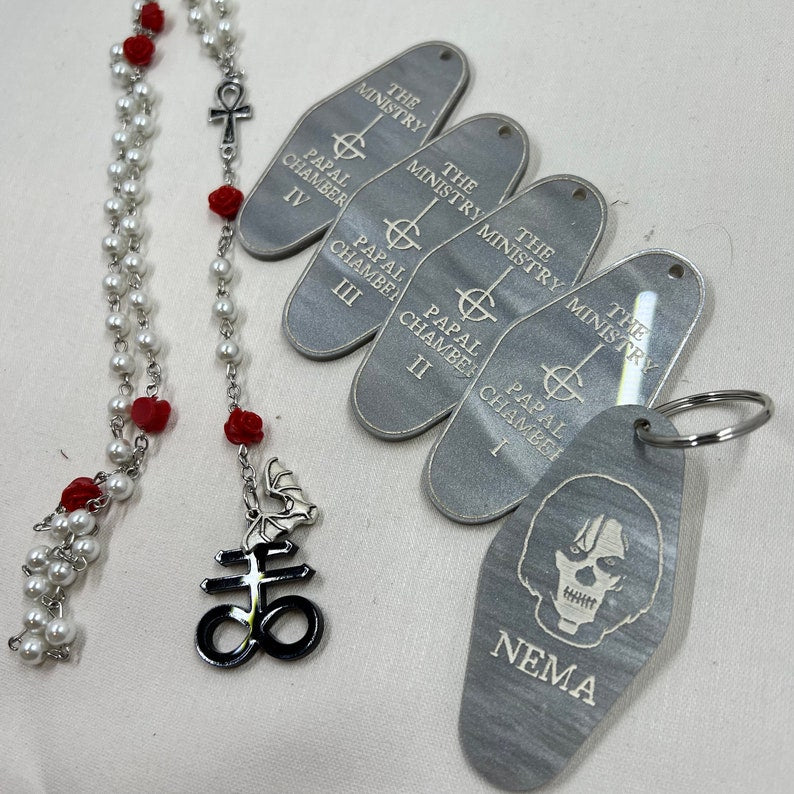 Papa Emeritus, Ghost band inspired, vintage hotel motel keychain