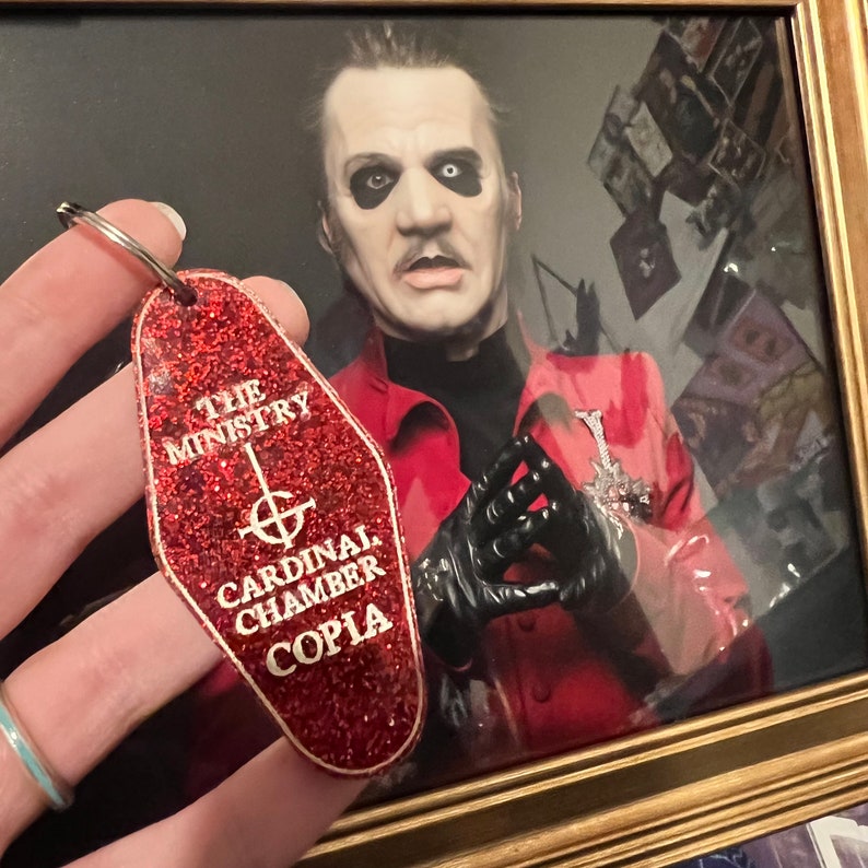 Cardinal Copia or Old Papa Nihil, Ghost band inspired, vintage hotel motel keychain