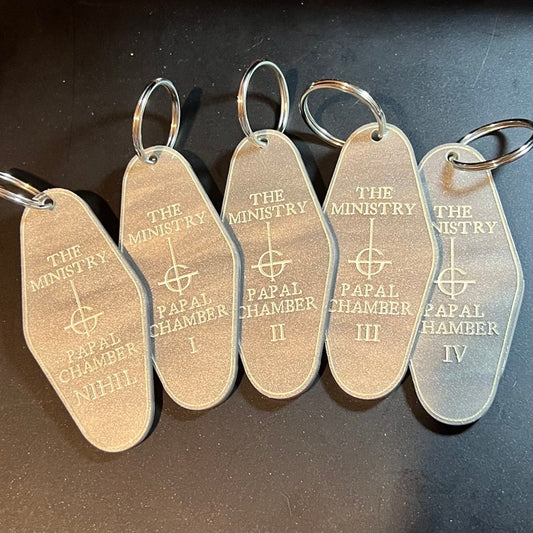 Papa Emeritus, Ghost band inspired, vintage hotel motel keychain