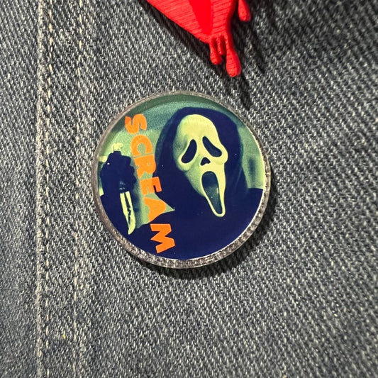 Scream Ghostface inspired acrylic pin, horror fan, slasher pin for vest